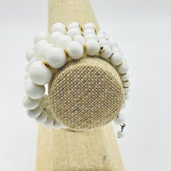 White Milk Glass Bead Cuff Bracelet Four Row Stretch Vintage Statement - Picture 4 of 6